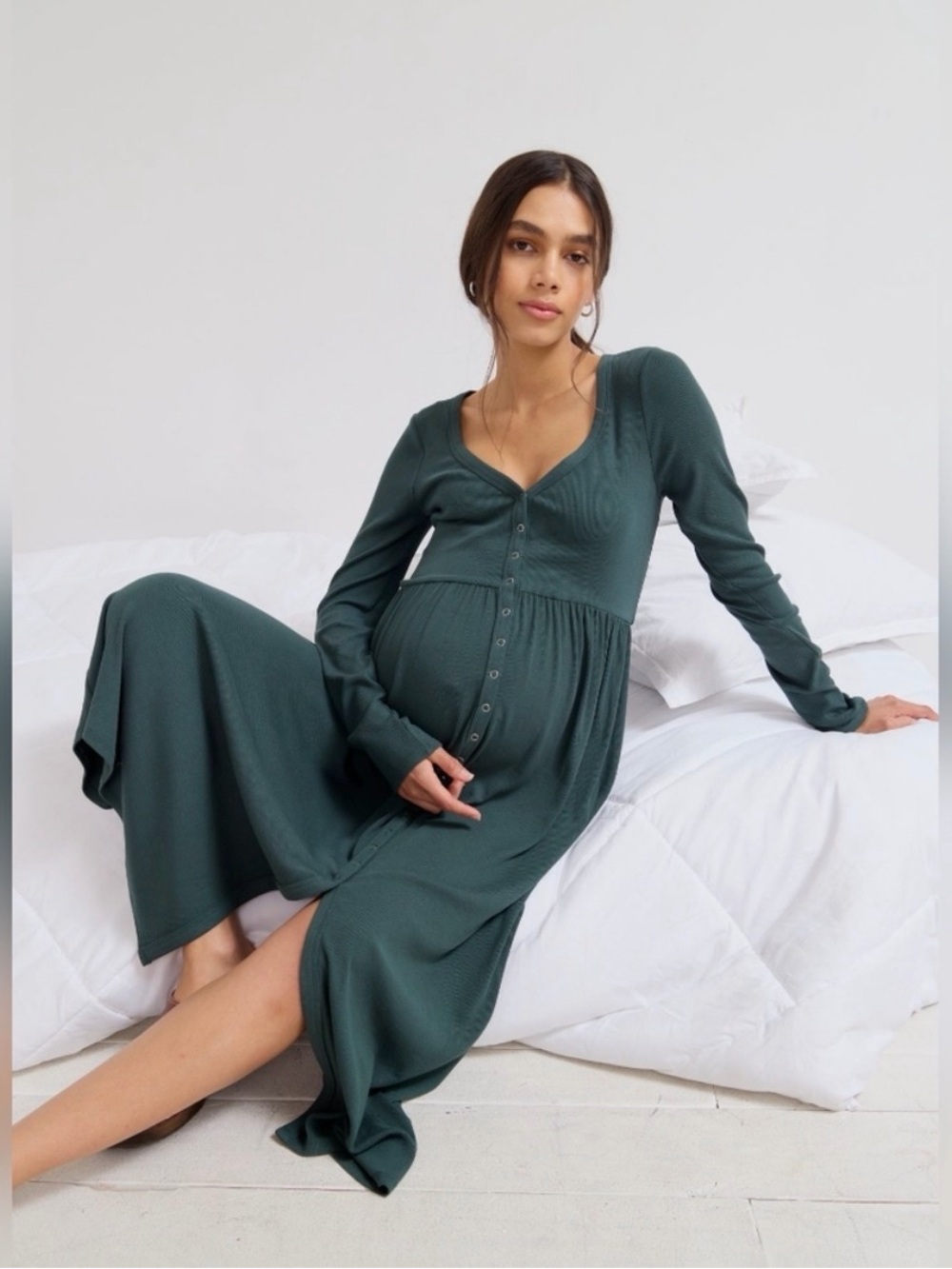 Hatch maternity softest ribbed nursing 2 Green Ribbed Button-Front Midi Dress